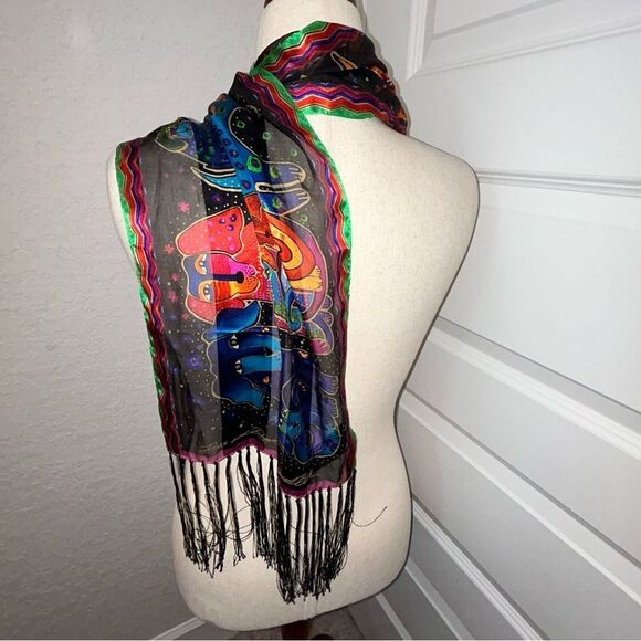 Laurel Burch Dogs & Doggies Print Silk Fringe Scarf - Picture 2 of 6